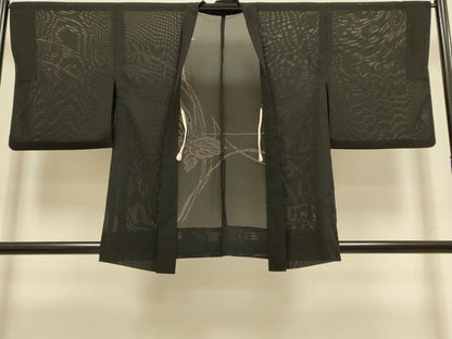 平和屋着物▽羽織　スリーシーズン　春夏秋　塵除け　舞蝶文　黒地　正絹　逸品　DABI4297du