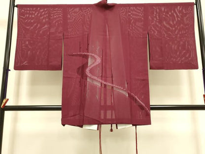 平和屋着物▽道中着　スリーシーズン　春夏秋　塵除け　流水文　バーガンディー色　正絹　逸品　DABI4298du