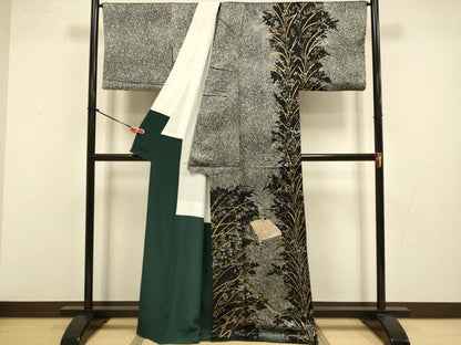 平和屋着物●訪問着　扇面花文　シルエット　たたき染め　金銀彩　正絹　逸品　DABI4308du