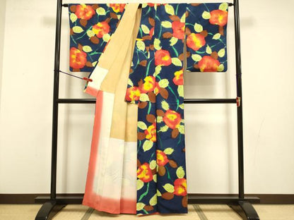 平和屋着物●上質な小紋　椿　地紋起こし　正絹　逸品　DABI4322du