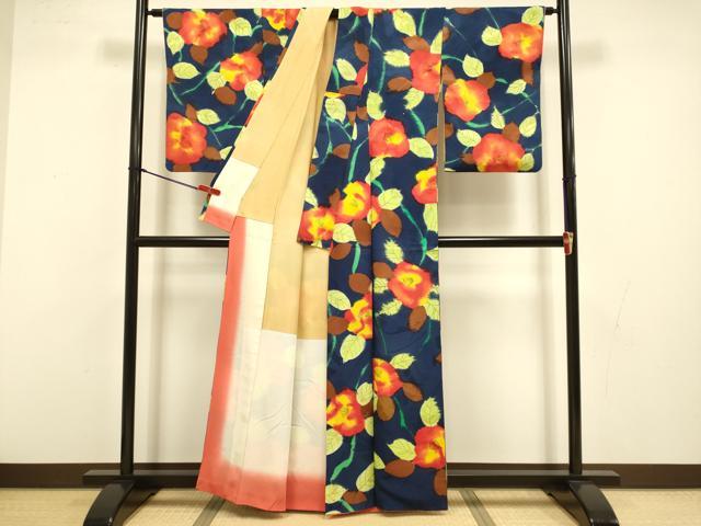 平和屋着物●上質な小紋　椿　地紋起こし　正絹　逸品　DABI4322du