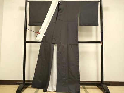 平和屋着物▽上質な紬　単衣　花織　格子　濃い紅消鼠色　正絹　逸品　DABI4356du
