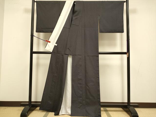 平和屋着物▽上質な紬　単衣　花織　格子　濃い紅消鼠色　正絹　逸品　DABI4356du
