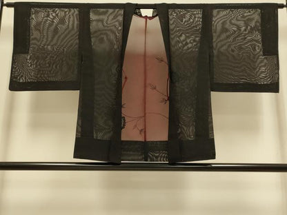 平和屋着物▽羽織　スリーシーズン　春夏秋　塵除け　ドロンワーク　草花文　黒地　正絹　逸品　DABI4369du