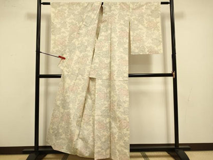 平和屋着物▽上質な紬　単衣　牡丹文　正絹　逸品　DABI4381du