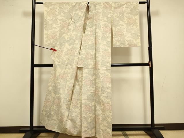 平和屋着物▽上質な紬　単衣　牡丹文　正絹　逸品　DABI4381du