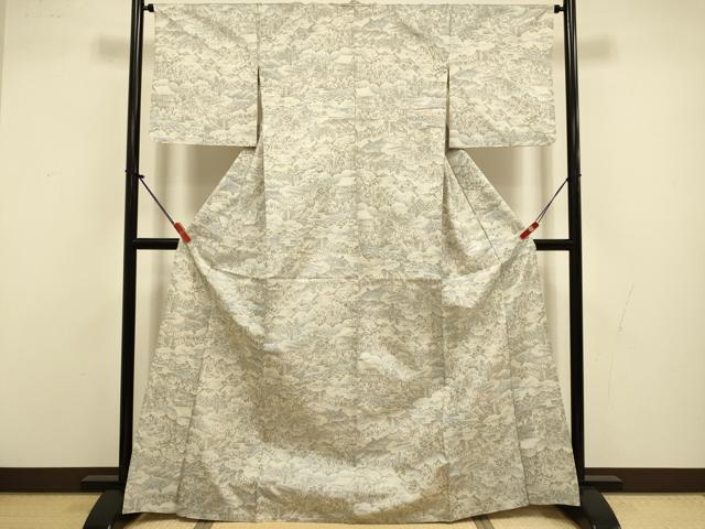 平和屋着物▽上質な紬　単衣　風景文　正絹　逸品　DABI4382du