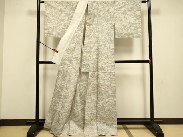 平和屋着物▽上質な紬　単衣　風景文　正絹　逸品　DABI4382du
