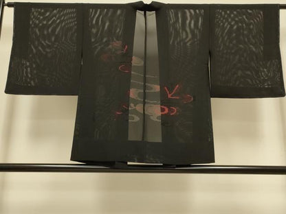 平和屋着物▽羽織　スリーシーズン　春夏秋　塵除け　流水草葉文　黒地　正絹　逸品　未使用　DABI4386du
