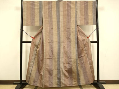 平和屋着物▽上質な紬　単衣　花織　縞　正絹　逸品　DABI4391du