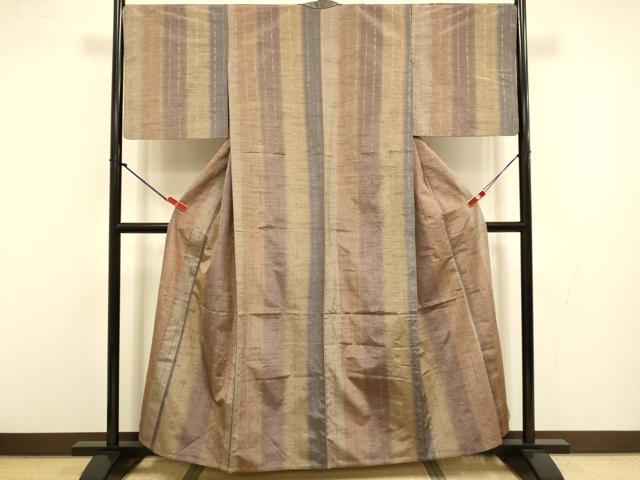 平和屋着物▽上質な紬　単衣　花織　縞　正絹　逸品　DABI4391du