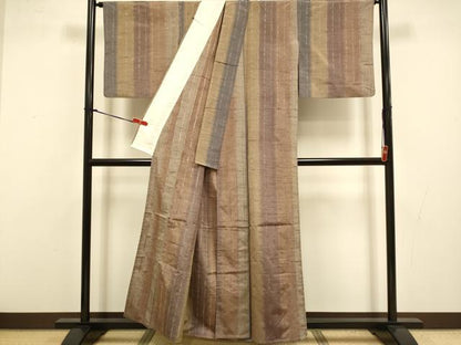 平和屋着物▽上質な紬　単衣　花織　縞　正絹　逸品　DABI4391du