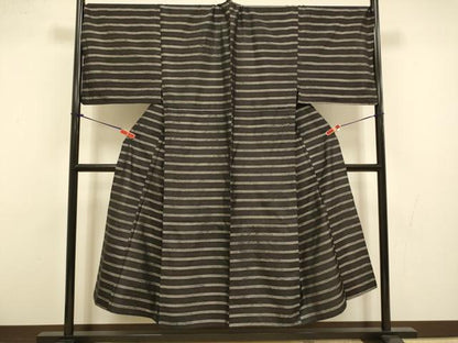 平和屋着物▽男性　本場大島紬　単衣　横段文　キングサイズ　正絹　逸品　DABI4392du