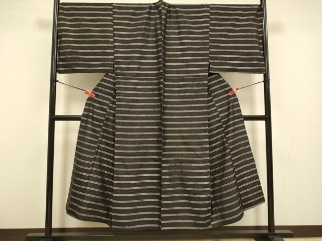 平和屋着物▽男性　本場大島紬　単衣　横段文　キングサイズ　正絹　逸品　DABI4392du