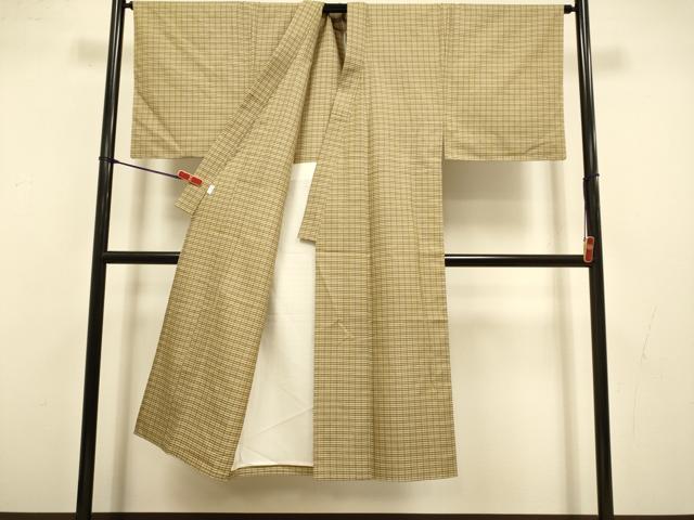 平和屋着物▽男性　黄八丈　単衣　平織　格子　正絹　逸品　未使用　DABI4393du