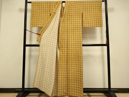 平和屋着物▽上質な小紋　単衣　型染　格子花文　正絹　逸品　DABI4405du