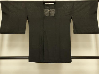 平和屋着物▽道行コート　スリーシーズン　春夏秋　塵除け　干割れ地紋　黒地　正絹　逸品　DABI4415du