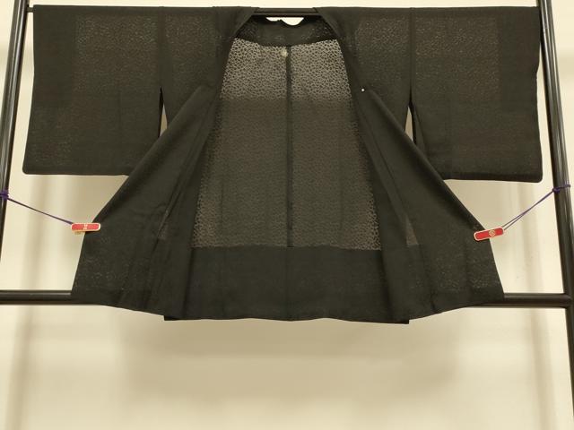 平和屋着物▽道行コート　スリーシーズン　春夏秋　塵除け　干割れ地紋　黒地　正絹　逸品　DABI4415du