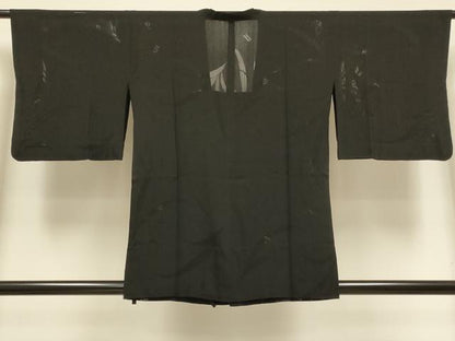 平和屋着物▽道行コート　スリーシーズン　春夏秋　塵除け　草葉文　黒地　正絹　逸品　DABI4418du