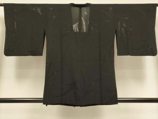 平和屋着物▽道行コート　スリーシーズン　春夏秋　塵除け　草葉文　黒地　正絹　逸品　DABI4418du
