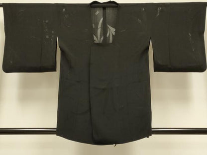 平和屋着物▽道行コート　スリーシーズン　春夏秋　塵除け　草葉文　黒地　正絹　逸品　DABI4418du