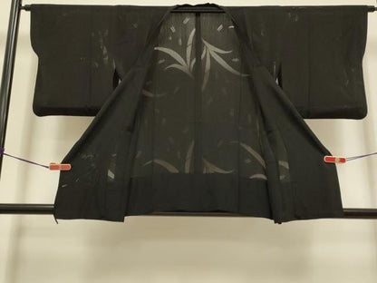 平和屋着物▽道行コート　スリーシーズン　春夏秋　塵除け　草葉文　黒地　正絹　逸品　DABI4418du