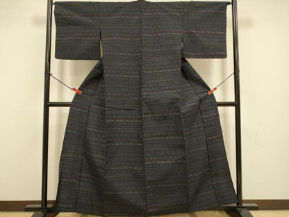 平和屋着物▽結城紬　単衣　横段吉祥文　正絹　逸品　DABI4427du