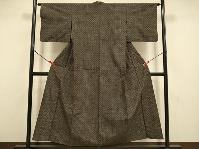 平和屋着物▽上質な紬　単衣　菱文　正絹　逸品　DABI4433du