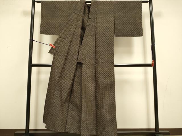 平和屋着物▽上質な紬　単衣　菱文　正絹　逸品　DABI4433du