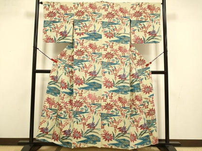 平和屋着物▽上質な小紋　単衣　型染　草花文　鬼しぼ縮緬　正絹　逸品　DABI4438du