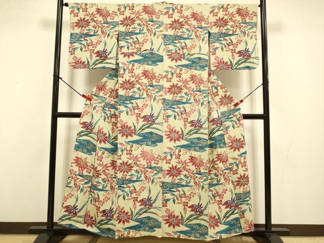 平和屋着物▽上質な小紋　単衣　型染　草花文　鬼しぼ縮緬　正絹　逸品　DABI4438du