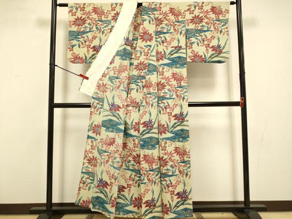 平和屋着物▽上質な小紋　単衣　型染　草花文　鬼しぼ縮緬　正絹　逸品　DABI4438du