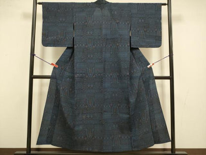 平和屋着物▽本塩沢　単衣　幾何学文様　正絹　逸品　DABI4439du