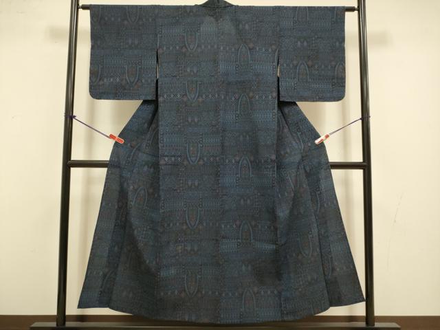 平和屋着物▽本塩沢　単衣　幾何学文様　正絹　逸品　DABI4439du