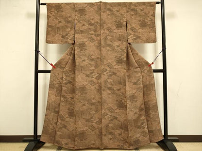 平和屋着物▽上質な小紋　単衣　人物風景文　鬼しぼ縮緬　正絹　逸品　DABI4445du