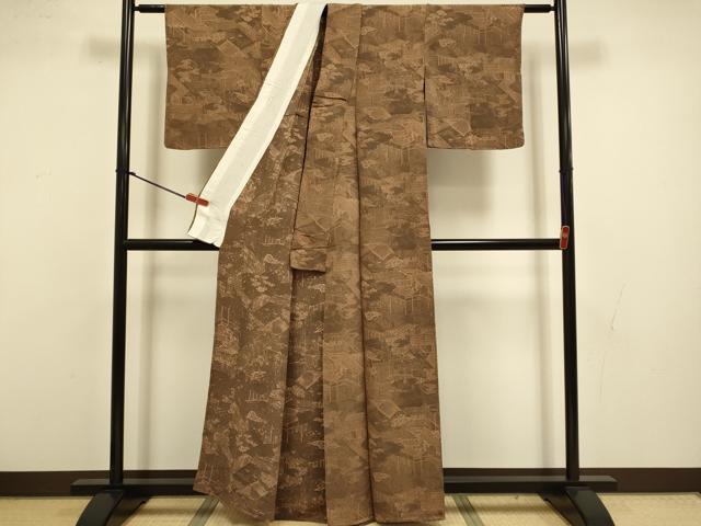 平和屋着物▽上質な小紋　単衣　人物風景文　鬼しぼ縮緬　正絹　逸品　DABI4445du