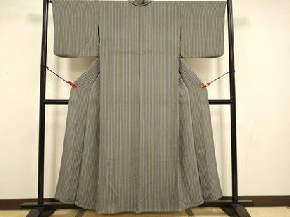 平和屋着物▽上質な小紋　単衣　縞　鬼しぼ縮緬　正絹　逸品　DABI4448du
