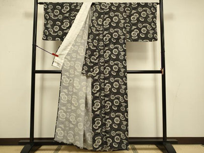 平和屋着物▽上質な小紋　単衣　型染　番傘　黒地　正絹　逸品　DABI4450du