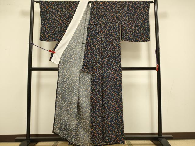 平和屋着物▽上質な小紋　単衣　草花文　鬼しぼ縮緬　正絹　逸品　DABI4455du