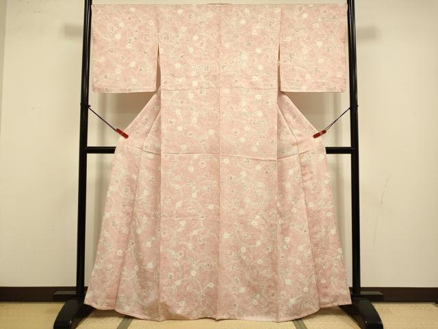平和屋着物▽上質な小紋　単衣　草花文　地紋起こし　正絹　逸品　DABI4458du