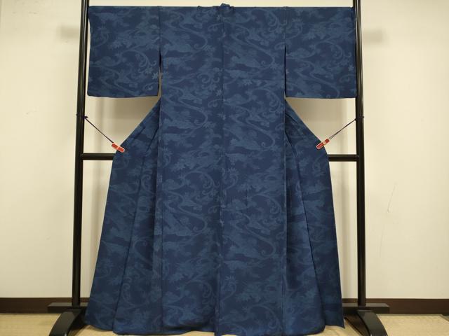 平和屋着物▽上質な小紋　単衣　藍　型染　流水風景文　正絹　逸品　DABI4464du