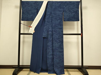 平和屋着物▽上質な小紋　単衣　藍　型染　流水風景文　正絹　逸品　DABI4464du