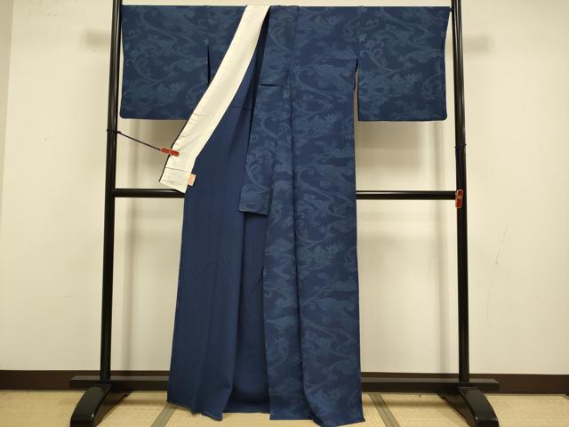 平和屋着物▽上質な小紋　単衣　藍　型染　流水風景文　正絹　逸品　DABI4464du