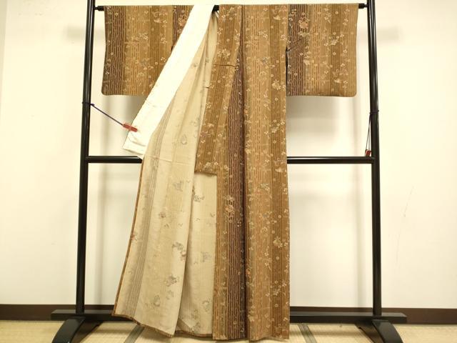 平和屋着物▽上質な小紋　単衣　花蝶間道　正絹　逸品　DABI4468du