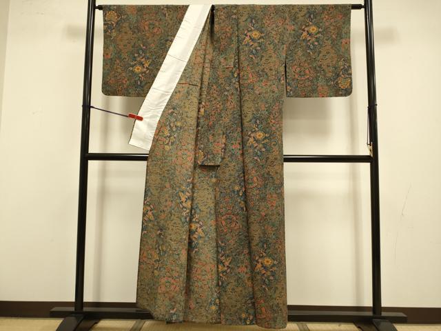 平和屋着物▽上質な小紋　単衣　更紗花文　正絹　逸品　DABI4470du