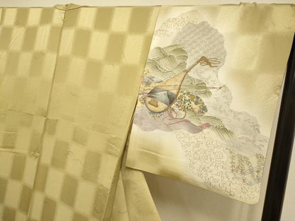 平和屋着物▽訪問着　単衣　露芝　楽器花文　暈し染め　金銀彩　正絹　逸品　DABI4478du