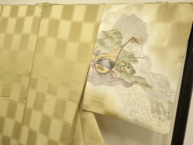 平和屋着物▽訪問着　単衣　露芝　楽器花文　暈し染め　金銀彩　正絹　逸品　DABI4478du