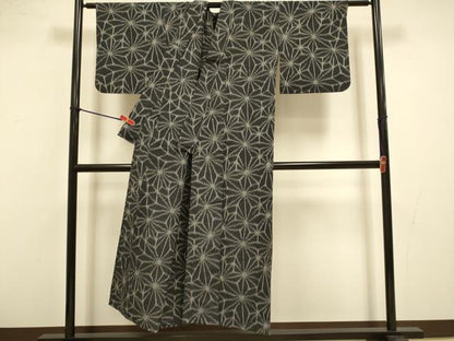 平和屋着物▽上質な紬　単衣　麻の葉文様　正絹　逸品　DABI4480du
