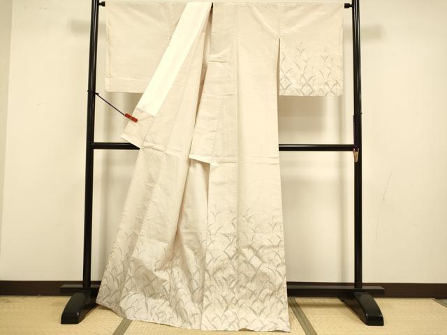 平和屋着物▽訪問着　単衣　紬地　草葉文　正絹　逸品　DABI4496du