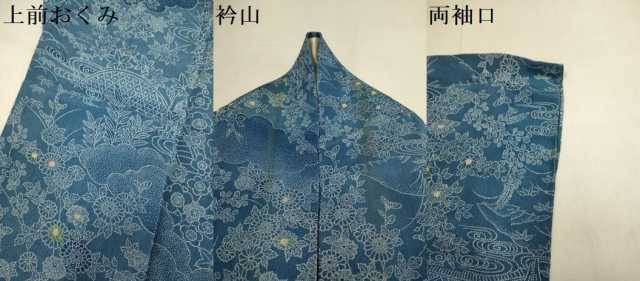 平和屋着物▽上質な小紋　単衣　無形文化財手差玉藍染　風景花文　本場藍染研究所　伊と幸　証紙付き　正絹　逸品　DABI4499du